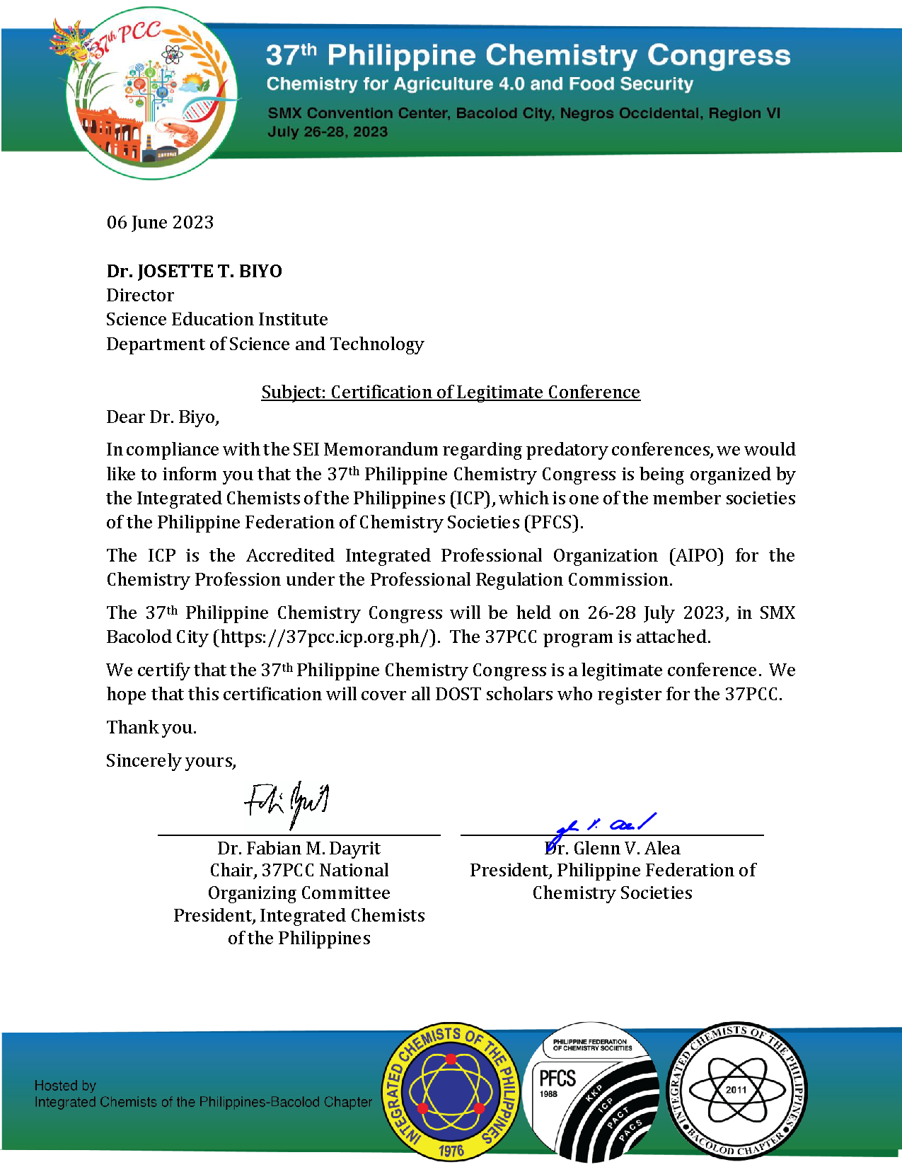 Certificate of Legitimate Conference (For DOST-SEI Scholars) – 37th ...